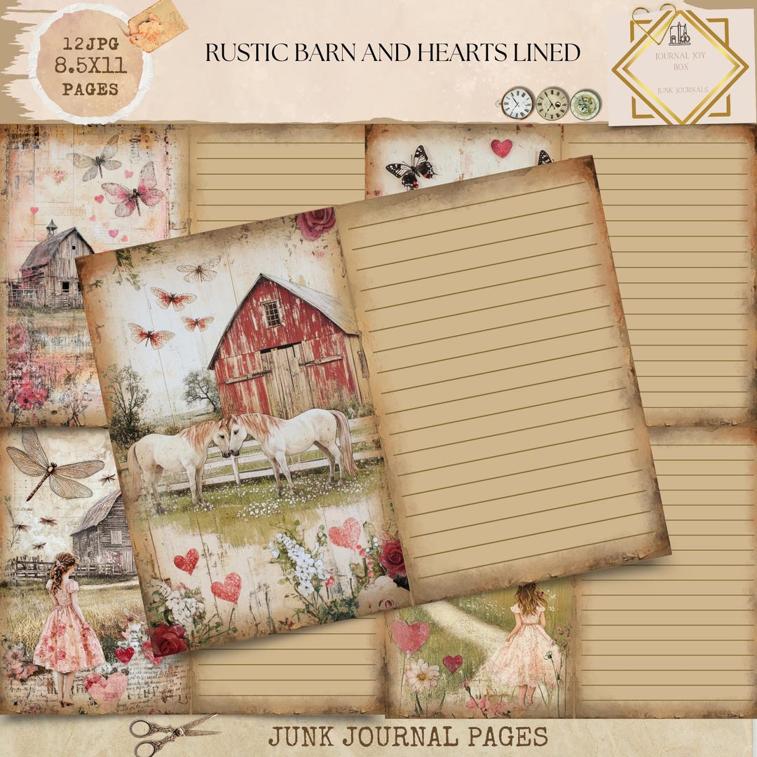 Rustic Barn and Hearts Farm Lined Journal, Vintage Journal Papers, Junk ...