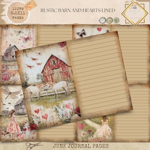 Rustic Barn and Hearts Farm Lined Journal, Vintage Journal Papers, Junk Journal Printable, Animal Farm Junk Journal Digi Kit, Digital Crafts
