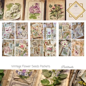 Tarjetas de diario basura con semillas de paquete vintage, 12 tarjetas, efímeras de flores para imprimir, manualidades de papel, collage digital, 11 x 8,5, retratos de semillas de flores
