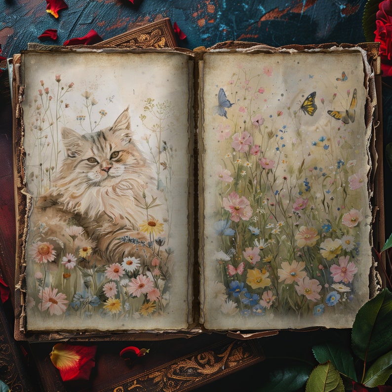 May include: An open book with watercolor illustrations. One page features a fluffy cat amidst daisies and wildflowers. The facing page shows colorful flowers and butterflies. The book is surrounded by rose petals.