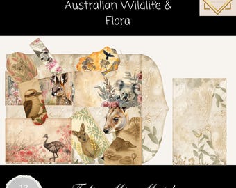 Australian Wildlife Junk Journal Folio Kit, Vintage Flora & Fauna Ephemera, Printable Kangaroo Koala Emu Folio Mix Match ,11 x 8.5,  Folio
