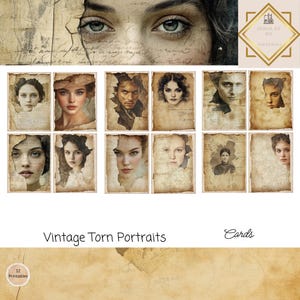 Carte vintage strappate con ritratti, 12 carte, effimere stampabili, carta artigianale, collage digitale, 11 x 8,5, carte vintage, ritratti,