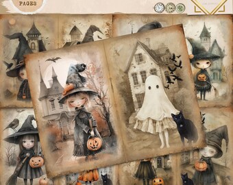 Vintage Witches Junk Journal, Little Spooks Digital Paper, Victorian Halloween Junk Journal Printable Pages, Little Witches Scrapbooking