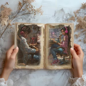 May include: An open book with illustrations of two people gaming. The left page shows a person with glasses and headphones at a computer. The right page depicts a person with headphones and glasses gaming.