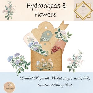 Könnte beinhalten: Eine digitale Collage mit einem braunen Umschlag mit Etiketten, Karten und floralen Verzierungen. Das Design umfasst Aquarellillustrationen von Hortensien und anderen Blumen. Der Text lautet "Hydrangeas & Flowers" und "Loaded Tag with Pockets, tags, cards, belly band and Fussy Cuts."
