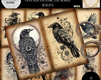 Junk Journal Printable, Vintage Gothic Filigree Raven Journal Papers, Gothic Raven Junk Journal, Crow Junk Journal Digi Kit, Digital Crafts