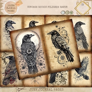 Junk Journal Printable, Vintage Gothic Filigree Raven Journal Papers, Gothic Raven Junk Journal, Crow Junk Journal Digi Kit, Digital Crafts