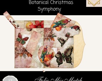 Botanical Christmas Symphony Folio Mix & Match, Vintage Christmas Junk Journal Ephemera,  Festive Printable Tags and Pockets
