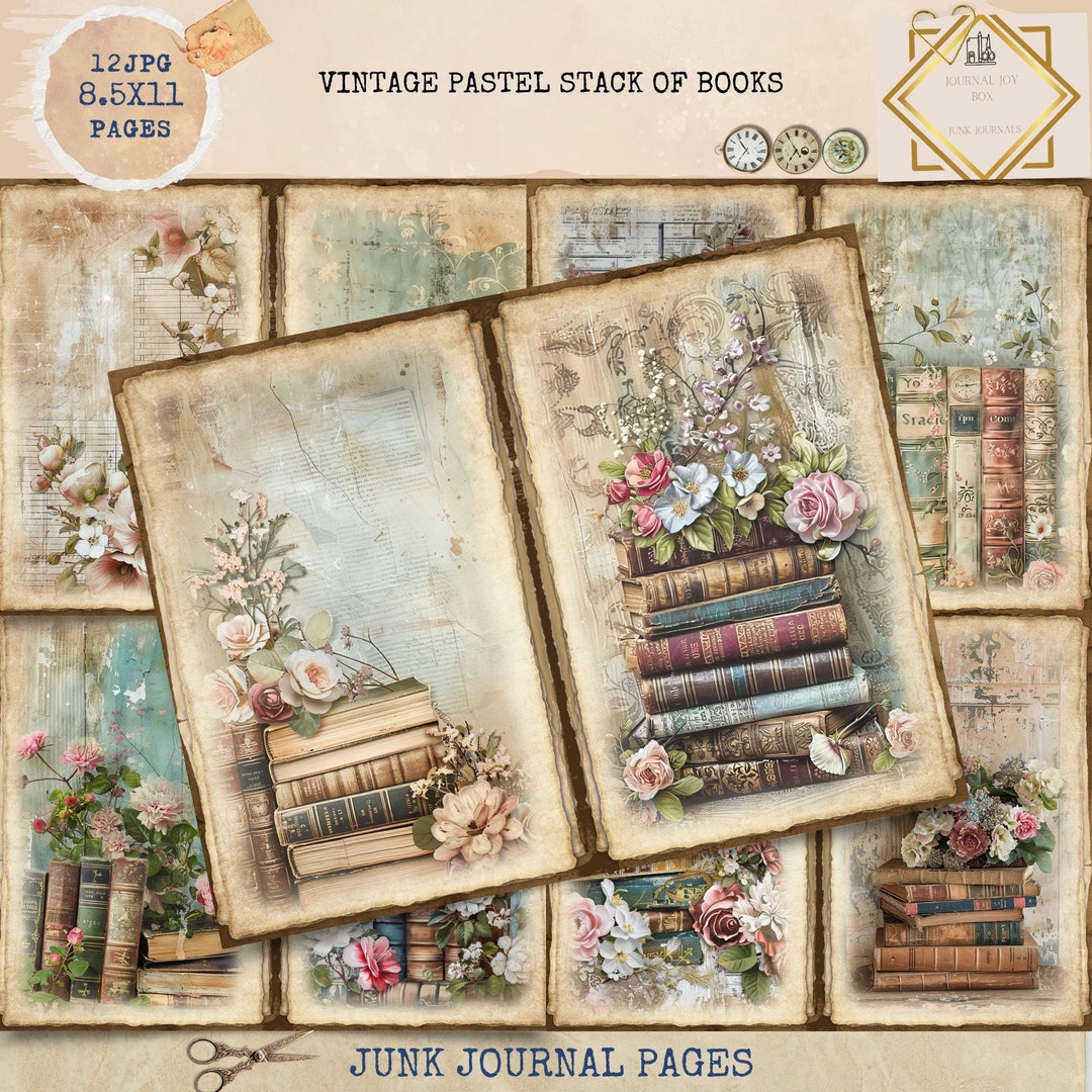 Junk Journal Printable, Vintage Pastel Stack of Books Pages, Books Junk ...