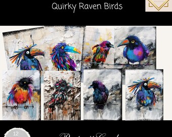 Quirky Ravens Junk Journal Cards, 12 Cards, Quirky Raven Birds Printable Ephemera, Paper Craft, Digital Collage, 11 x 8.5, Bird Portraits
