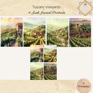 Cartões de diário de vinhedos da Toscana, 4 cartões, itens efêmeros para impressão do país da Itália, artesanato em papel, colagem digital, 11 x 8,5, cartões efêmeros da Itália