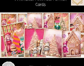 Junk Journal Cards, Whimsical Pink Christmas Portrait Cards, Vintage Christmas Junk Journal Ephemera, Gingerbread House Printable Holiday