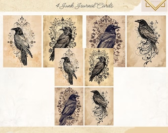Filigree Raven Junk Journal Cards, 4 Cards, Raven Printable Ephemera, Paper Craft, Digital Collage, 11 x 8.5, Halloween Ephemera, Goth Crows