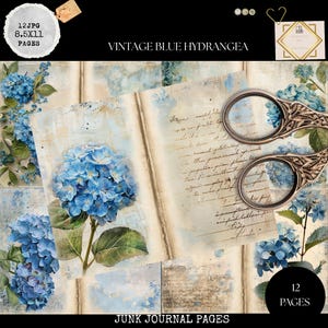 Junk Journal Printable, Hydrangea Ephemera, Vintage Blue Hydrangea Journal Pages, Junk Journal Digi Kit, Blue Floral Journal, Digital Craft