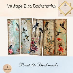 Vintage vogel bladwijzers set van 5, afdrukbare digitale download, antieke vogel illustratie bladwijzers, natuurverschijnselen voor ongewenste tijdschriften en geschenken