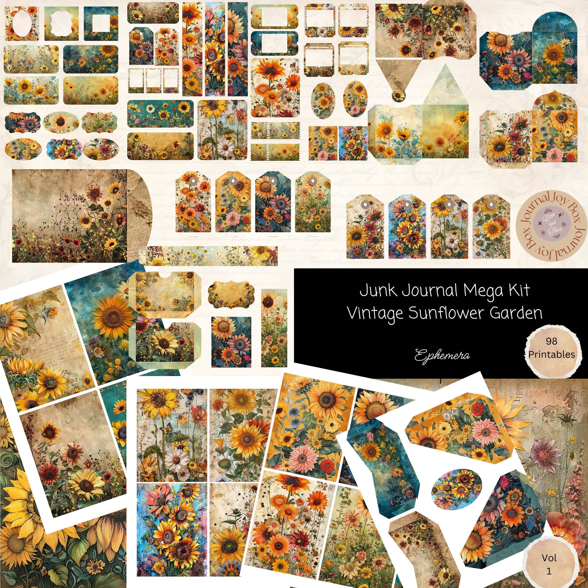 Mega Junk Journal Kit sunflower 98 Piece Sunflower Printable Papers ...