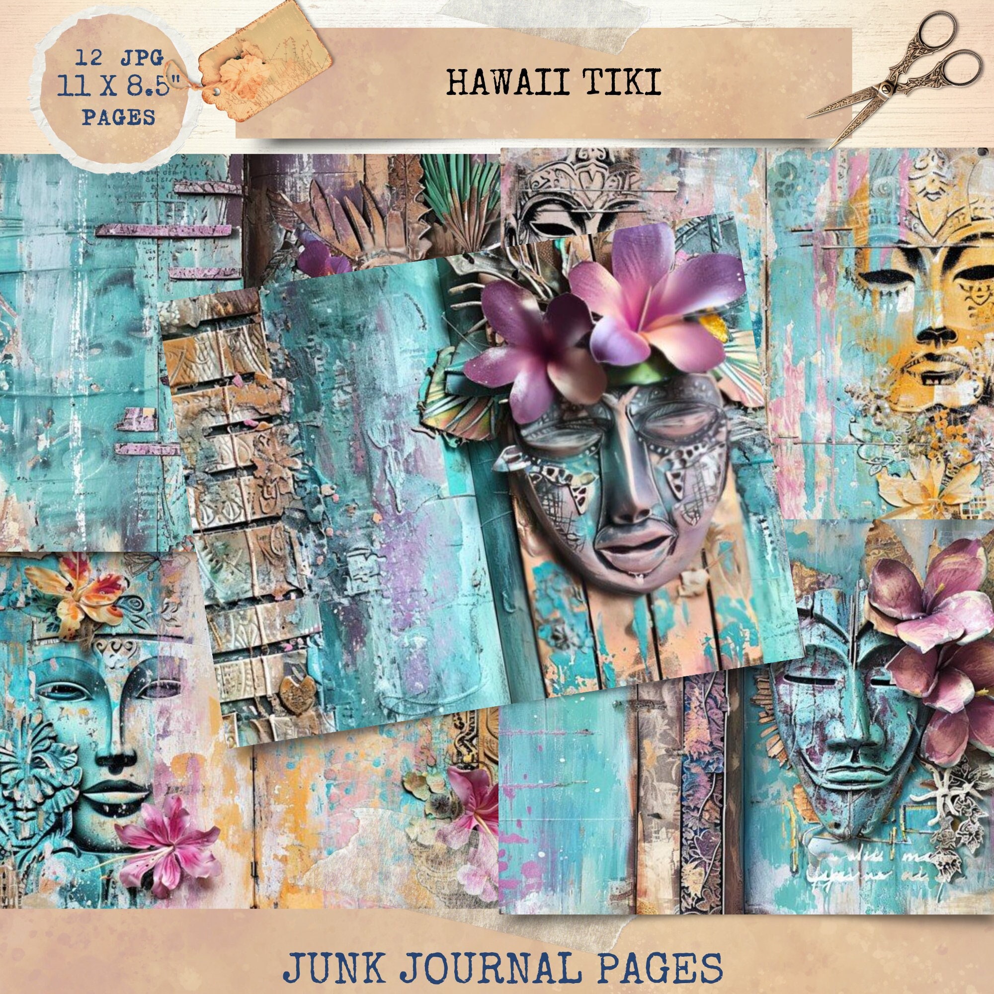 Junk Journal Printable, Hawaiian Tiki Mask Journal Papers, Shabby Chick ...