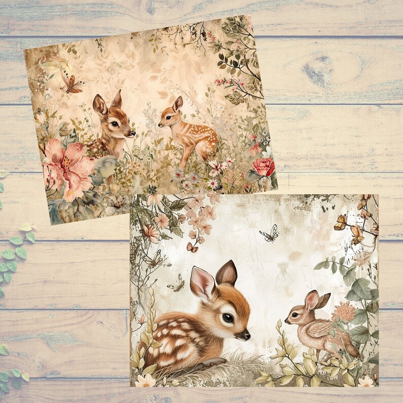 May include: Two vintage-style illustrations of deer fawns in a woodland setting. The top image features two fawns in a field of flowers, while the bottom image shows a fawn with a smaller fawn beside it.