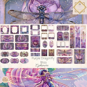 Purple Dragonfly&#39;s Ephemera Cards, 38 Mini Extras Pack, Dragonfly Printable Ephemera, Paper Crafts, Digital Collage,11 x 8.5, Digital Crafts