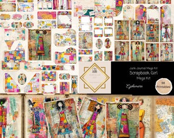 Mega Junk Journal Kit Whimsy Girl, 98 Piece Scrapbook Printable Papers, Tags, Ephemera, Cards, Folio Kit Paper Craft, Collage Sheet 11 x 8.5