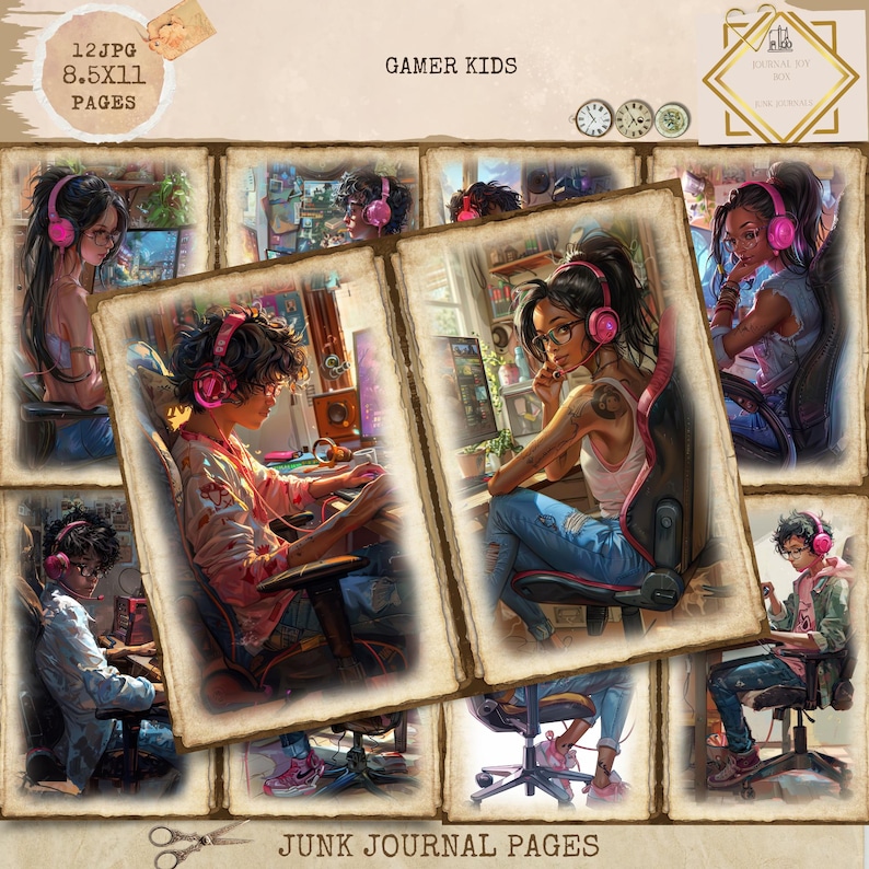 May include: A collection of digital art pages for a junk journal, featuring illustrations of young people gaming. The pages have a vintage, aged paper aesthetic. Text includes "Gamer Kids," "12 JPG 8.5x11 Pages," and "Junk Journal Pages."