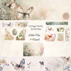 Vintage Pastel Butterfly Junk Journal Folio Printable Bundle, 12 Piece Mix & Match Butterfly Ephemera, Paper Craft,11 x 8.5, Butterfly Folio