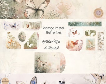 Utskrivbart paket med vintage pastellfärgade fjärils-skräpjournaler, 12 delar mixa och matcha fjärils-ephemera, papperspyssel, 11 x 8,5, fjärilsfolie