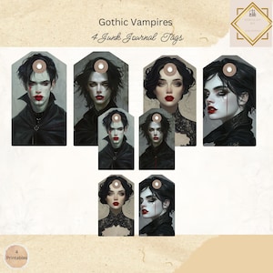 Gothic Vampire Junk Journal Tag, Printable Ephemera, x4 Goth Vampire Favor Tags, Paper Crafts, Digital Scrapbooking 11 x8.5, Mixed Media