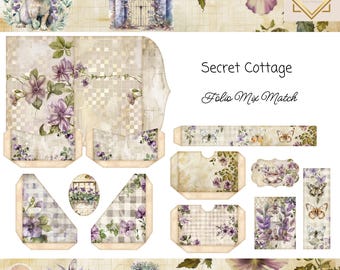 May include: A set of 12 printable digital papers featuring a cottagecore theme with floral patterns, gingham checks, and a whimsical gate. The papers are designed for scrapbooking, card making, and other paper crafts. The text "Secret Cottage Folio Mix Match" is included in the image.