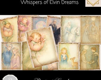 Whispers of Elvin Dreams Portrait Cards, Fantasy Elf Junk Journal Ephemera, Watercolor Fairy Tale Printable Cards, Digital Collage Sheet