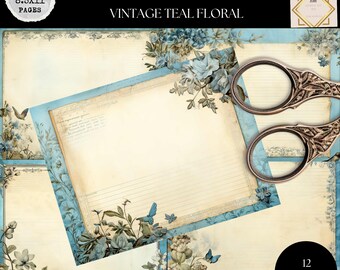May include: Vintage teal floral junk journal pages with a cream background and blue floral accents. The pages have a distressed look with lined paper and decorative elements. The image includes the text "12 JPG 8.5x11 PAGES" and "JUNK JOURNAL PAGES".