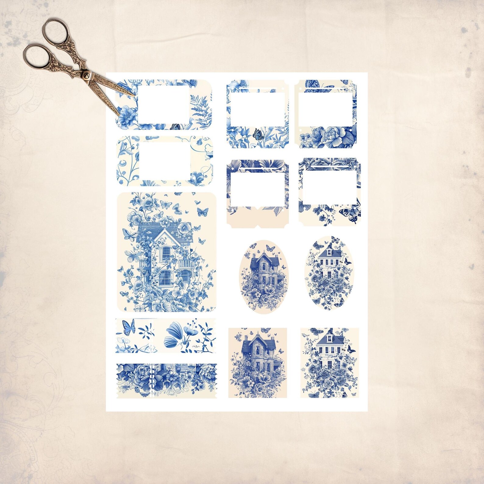Blue Toile Homes and Butterfly's Junk Journal Ephemera Cards, 38 Extras ...