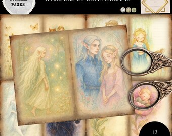 Elf Princess & Prince Junk Journal Kit, Fantasy Watercolor Papers, Enchanted Elves, Horses, Fairytale Ephemera, Printable Digital Pack