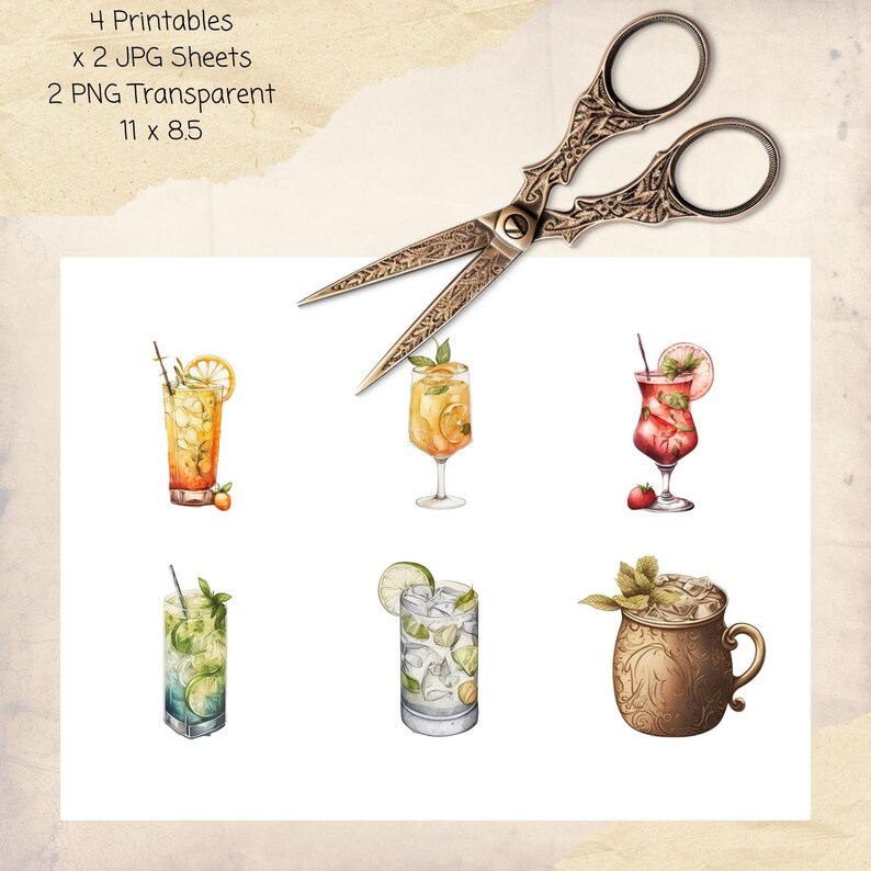 Cocktail Scissors Fussy Cuts Printable, Baby Cocktail Printable Ephemera, Paper Crafts ...