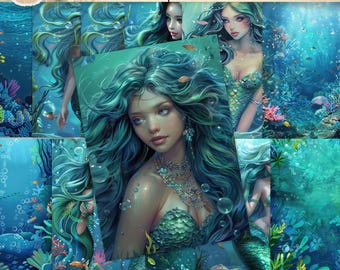 Junk Journal Printable, Under The Sea Mermaid Digital Papers, Fantasy Papers, Mermaid Under The Sea Background Papers, Digital Paper Kit