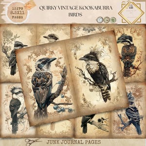 Afdrukbaar ongewenste dagboek, eigenzinnige vintage kookaburravogels dagboekpapier, vogels ongewenste dagboek, kookaburra ongewenste dagboek Digi Kit, digitale ambachten