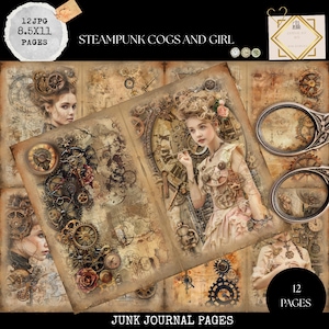 Junk Journal Printable, Journal Victorian Digital Kit, Steampunk Printable, Gears, Cogs, Girl Ephemera, Vintage Digi Kit, Collage, Scrapbook