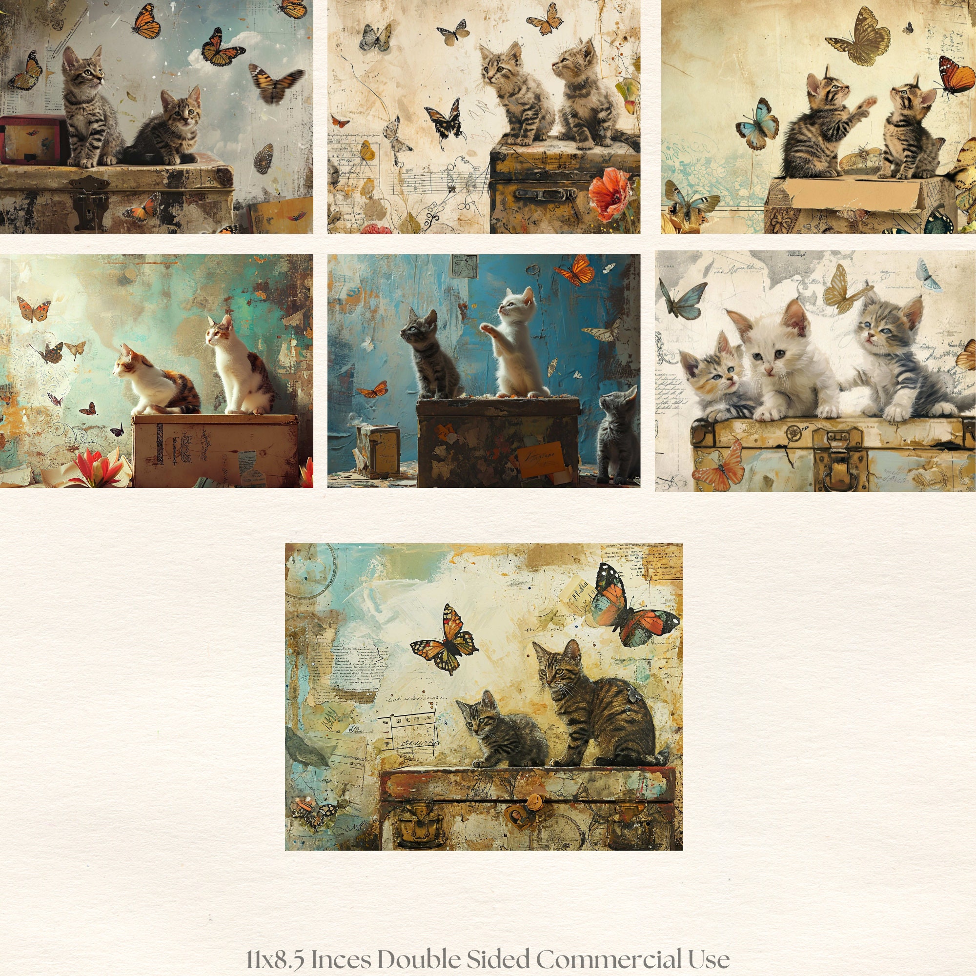 Block Printed Cats and Kittens Junk Journal Kit, Half Pages