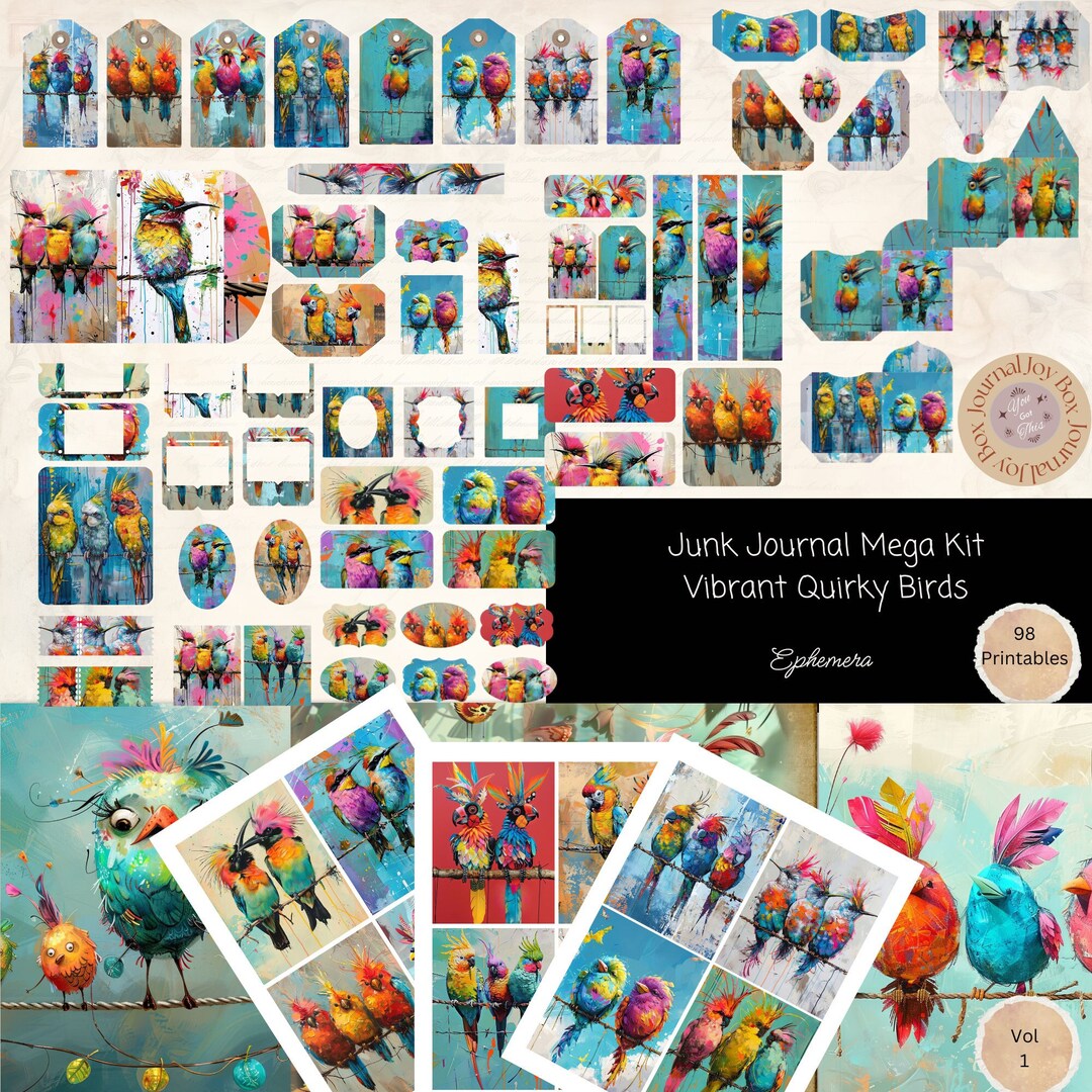 Mega Junk Journal Kit "quirky Birds" 98 Piece Birds Printable Papers ...