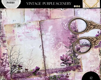 Diario di scarto stampabile, carta da giornale vintage viola, diario di scarto con paesaggi, kit digitale per diario di scarto vintage, artigianato digitale