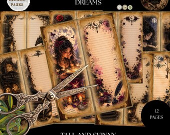 Dragon Fire & Dark Academia Dreams Tall Skinny Junk Journal Pages,  Fantasy Reading Journal, Gothic Library Printable, Dragon Journal