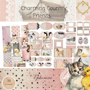 Country Friends Ephemera Cards,38 Mini Extras Pack, Animal Printable Ephemera, Paper Craft, Digital Collage, 11 x 8.5, Polka Dot Journal