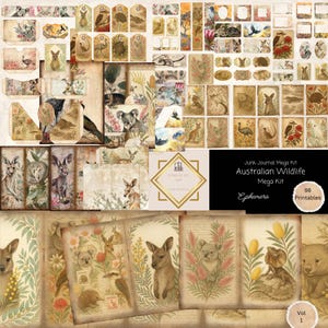 Könnte beinhalten: Eine Sammlung von Ephemera im Vintage-Stil für Junk-Journals, mit Illustrationen australischer Wildtiere. Enthält Tags, Karten und dekorative Elemente mit Bildern von Kängurus, Koalas und anderen Tieren. Der Text lautet "Junk Journal Mega Kit Australian Wildlife Mega Kit Ephemera 98 Printables".
