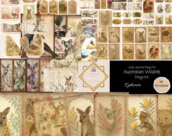 Australian Wildlife Junk Journal Mega Kit, 98 Piece Vintage Nature Ephemera, Australian Animals & Floral Digital Kit, Kangaroo Paper Craft,