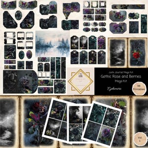 Mega Junk Journal Kit Gothic Rosen & Beeren 98 Stück druckbare Garten, Tags, Ephemera, Karten, Folio Kit Papiermodelle, Collage Sheet 11 x 8,5