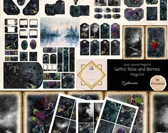 Könnte beinhalten: Ein digitaler druckbarer Junk-Journal-Kit mit 98 Bildern zum Thema Gothic Rose und Beeren. Das Kit enthält eine Vielzahl von Bildern, darunter Rosen, Beeren, Schmetterlinge und andere florale Elemente. Die Bilder sind in einer dunklen, stimmungsvollen Farbpalette gehalten und perfekt, um Ihren Projekten einen Hauch von gotischer Eleganz zu verleihen.