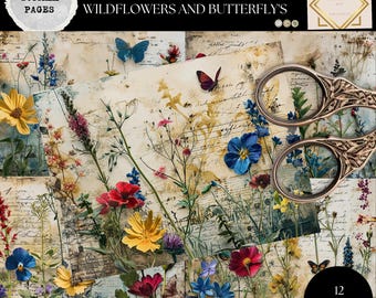 Junk Journal Printable, Wildflowers and Butterfly's , Vintage Journal Papers, Garden Junk Journal , Vintage Junk Journal, Digi Kit,