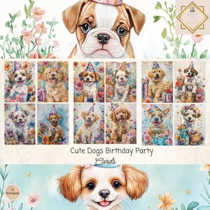 Birthday Dogs Junk Journal Cards, 12 Cards, Dogs Printable Ephemera, Paper Craft, Digital Collage, 11 x 8.5, Dogs Birthday Party Ephemera