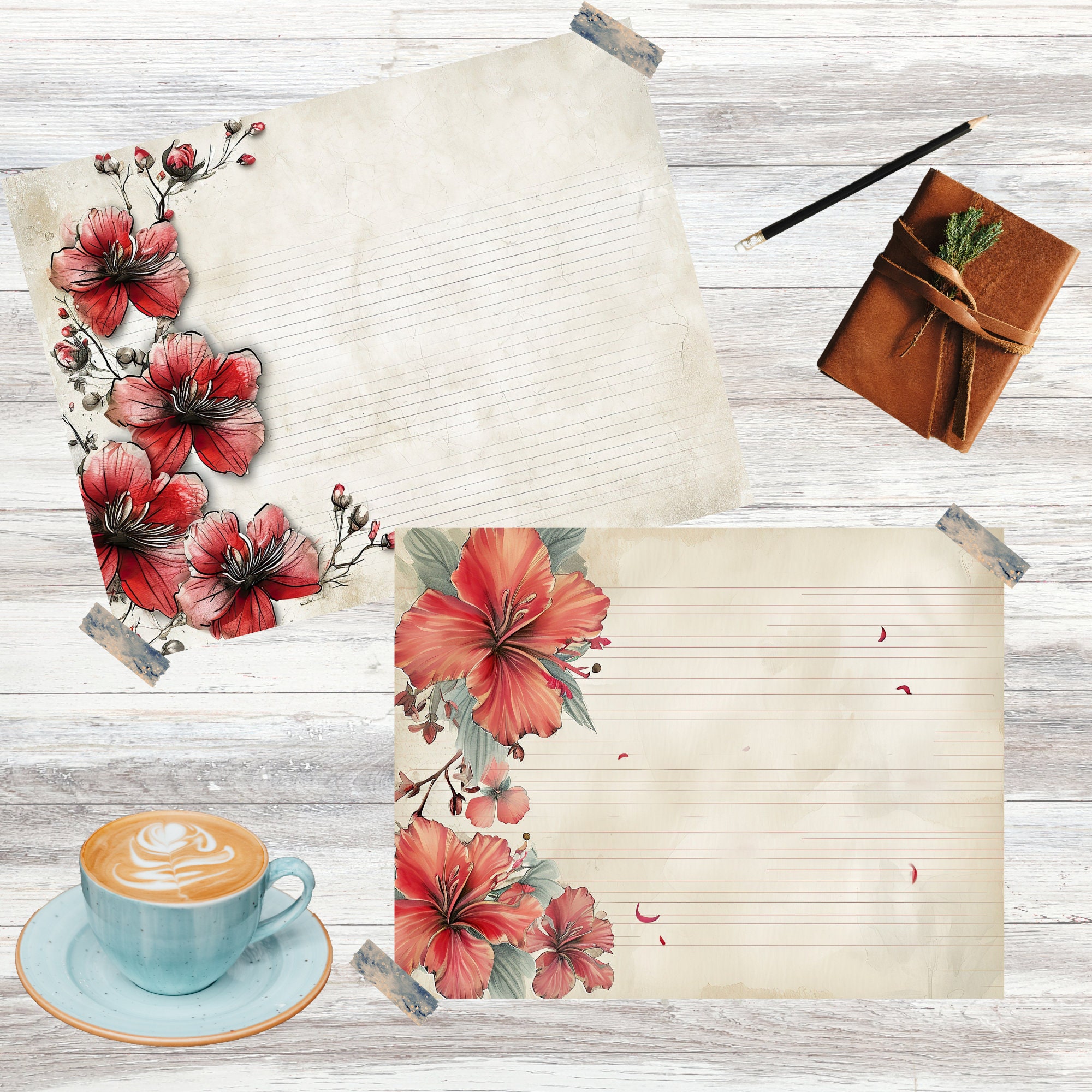 Junk Journal Printable, Red Floral Lined Journal Page, Floral Junk Journal , Floral Vintage Junk ...