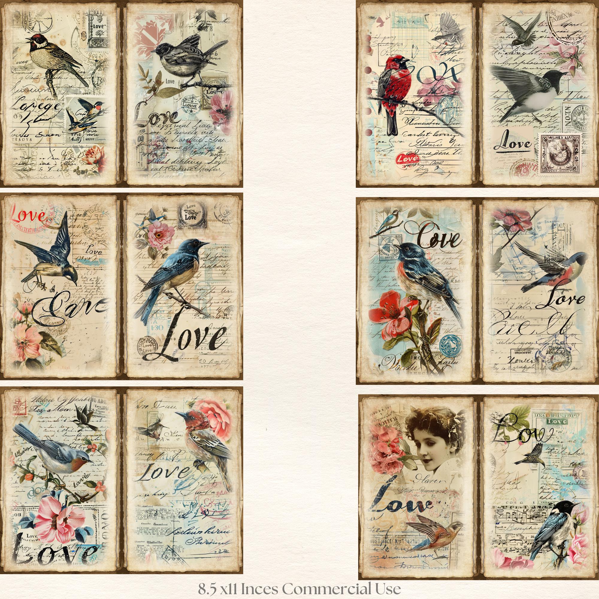 Junk Journal Printable, Vintage Love Birds Journal Papers, Love Birds ...